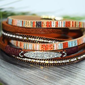 Leather Wrap Bracelet With Crystal Rhinestone